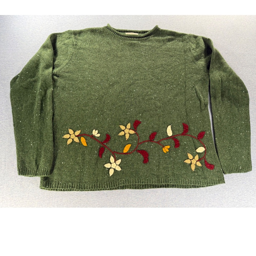 Studio Works Silk Wool Blend Floral Applique Sweater Green Marl Womens Large